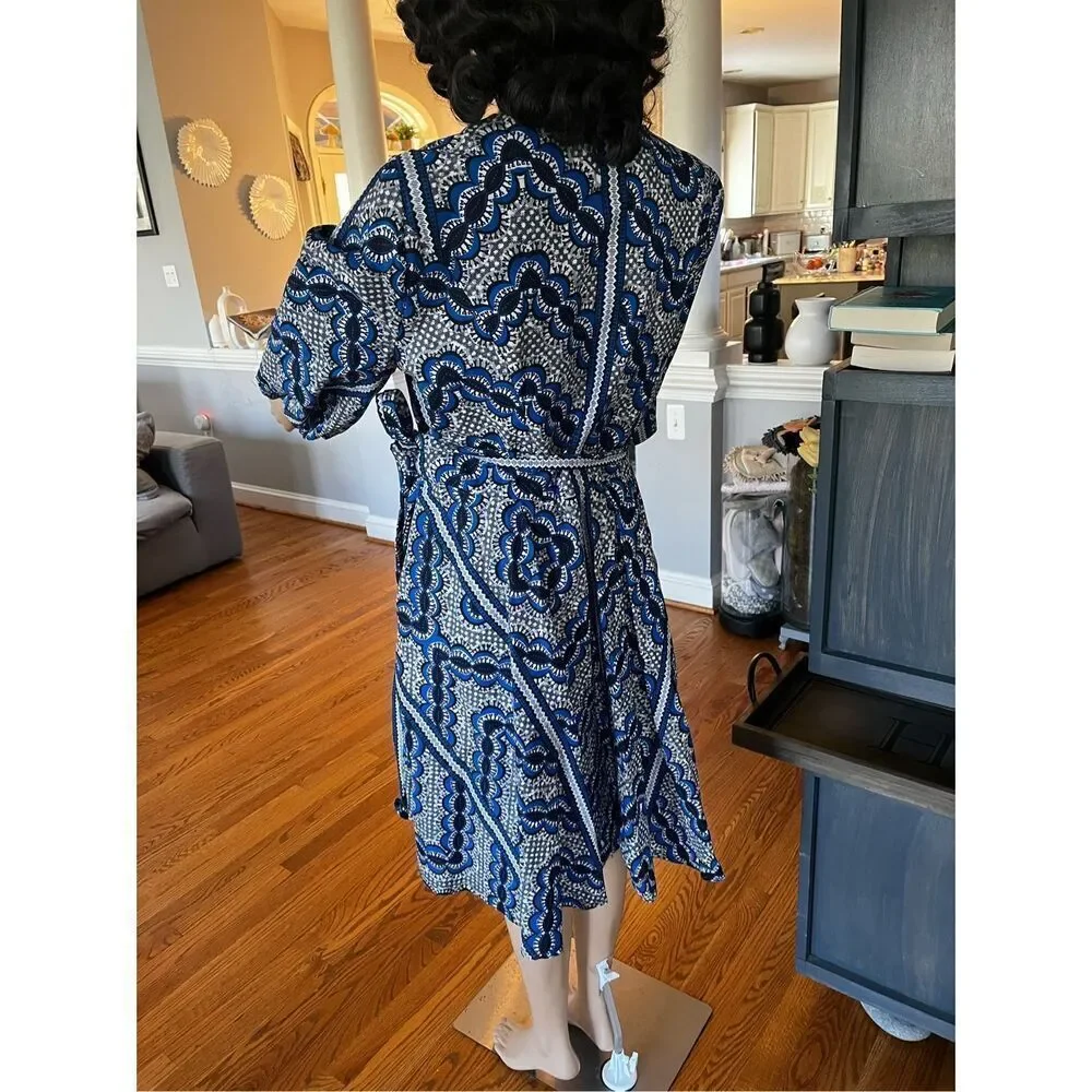 Ray Darten Blue & Black African Print Wrap Puff Sleeve Dress sz 1X EUC